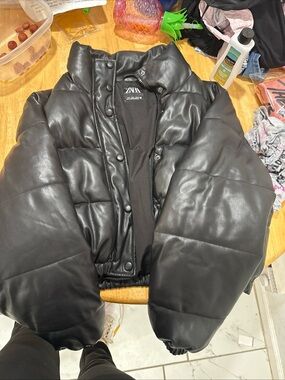 Zara Black Puffer Faux Leather Jacket
